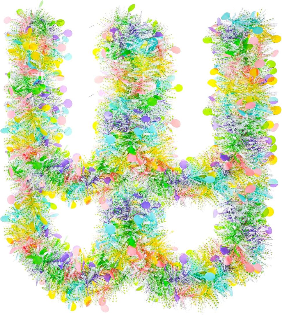 33Ft Easter Tinsel Garland with Confetti Colorful Metallic Tinsel Twist Garland Spring Hanging Garland Decoration for Easter Holiday Door Tree Mantel Party Supplies