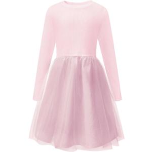 Little Bitty Girls Long Sleeve A-Line Tulle Princess Dress, Midi Length Casual Party Ribbed Knit Top Tulle Skirt Pink 10-11Y
