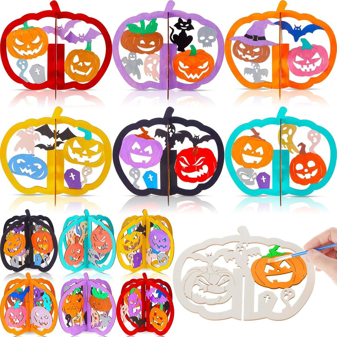24 Pcs Halloween Wooden Crafts Kits Pumpkin DIY Unfinished Pumpkin Pieces 3D Coloring Blank Wood Cutouts Freestanding for Table Decorations Classroom Arts Party(7.87" X 6.69",Whimsical)