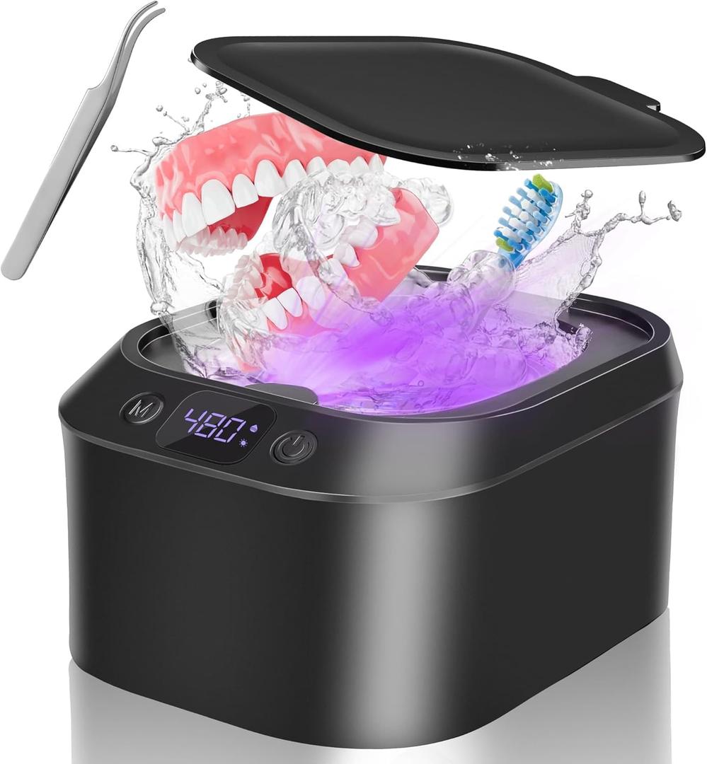 Ultrasonic Retainer Cleaner Machine, 46KHz Ultrasonic Dental Cleaner with UViolet Light, 3 Timer Mode Portable Ultrasonic Denture Cleanser for Mouth Guard Aligner Jewelry Ring