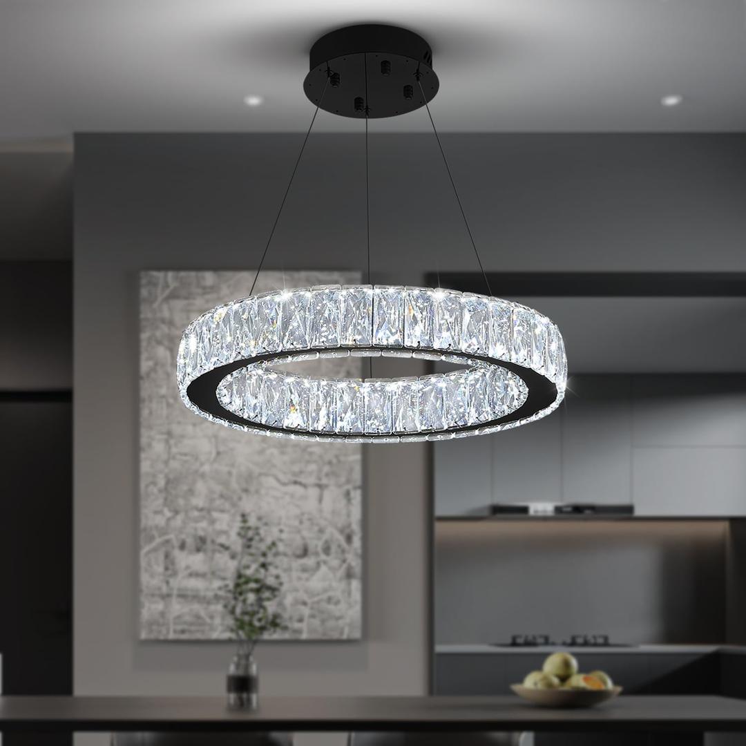 Modern LED Crystal Dimmable Chandelier 23.6" Ring Pendant Light Adjustable Black Round Crystal Chandelier Light Fixtures for Dining Room Living Room