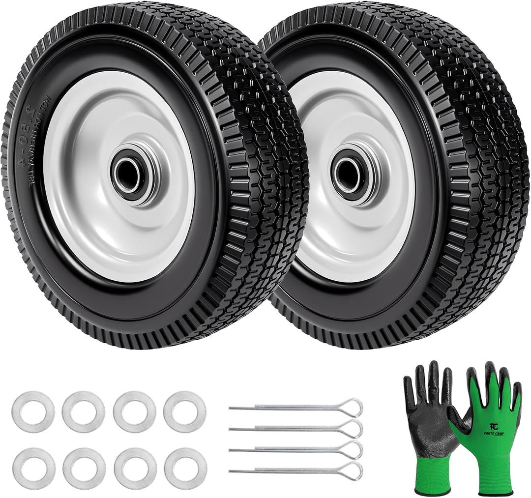 Parts Camp 10 inch wheel 4.10/3.50-4" Flat Free Tire and Wheel 10" Solid Tire for Gorilla Cart Hand Truck Garden Wagon Trolley Dolly tire replacement -5/8" Axle Bore Hole, 2 1/4"Offset Hub (2 Pack)