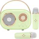 Mini Karaoke Machine for Kids,Portable Bluetooth Speaker with 2 Wireless Microphone,Toys for Girls Boys Gifts,Retro Speaker Set Stereo Sound Enhanced Bass for Home Party Birthday (Green)