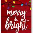 PHAMTE Merry And Bright Wall Art,Christmas Canvas Wall Art,Farmhouse Rustic Christmas Sign String Lights Red Festive Print Framed Canvas Painting Wall Art Home Room Bedroom Decor 16x24 Inch