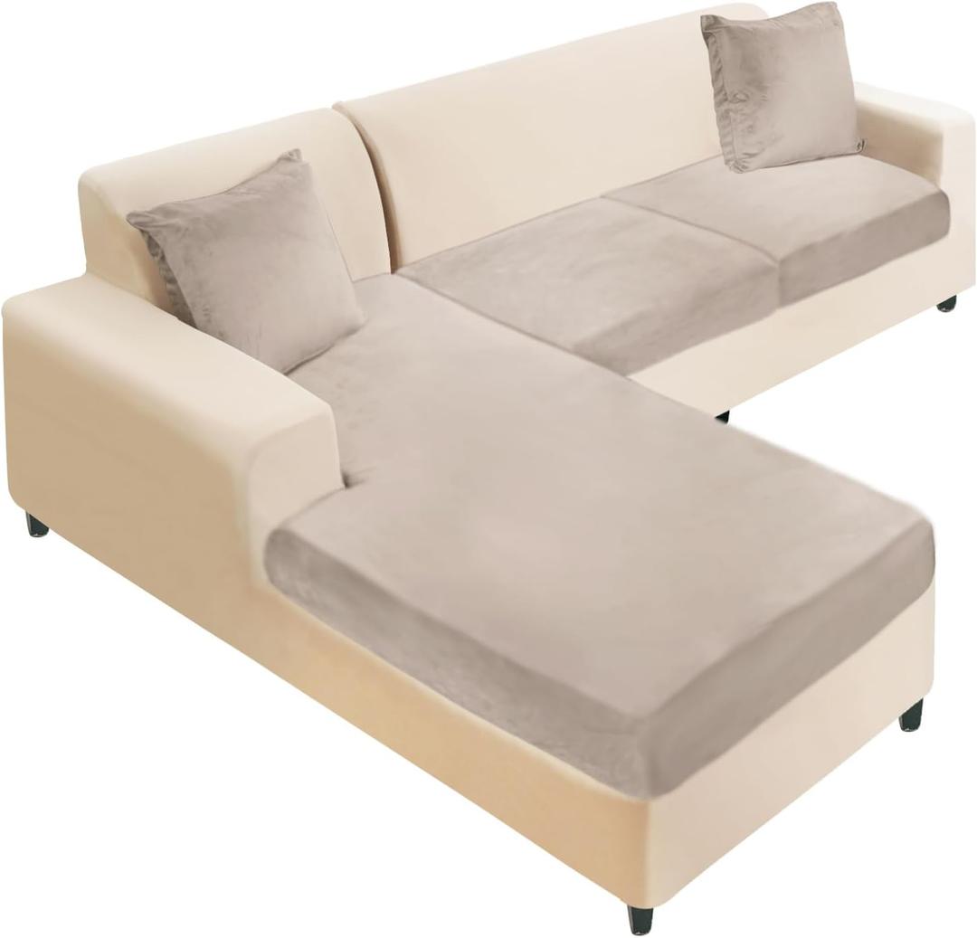 NAISI Sectional Couch Cover 3 Pieces Velvet Separate Couch Cushion Covers L Shape Soft Stretch Sofa Slipcovers with 2pcs Pillowcases for Left/Right Chaise Sectional Couch(2 Seater+1 Chaise,Taupe)