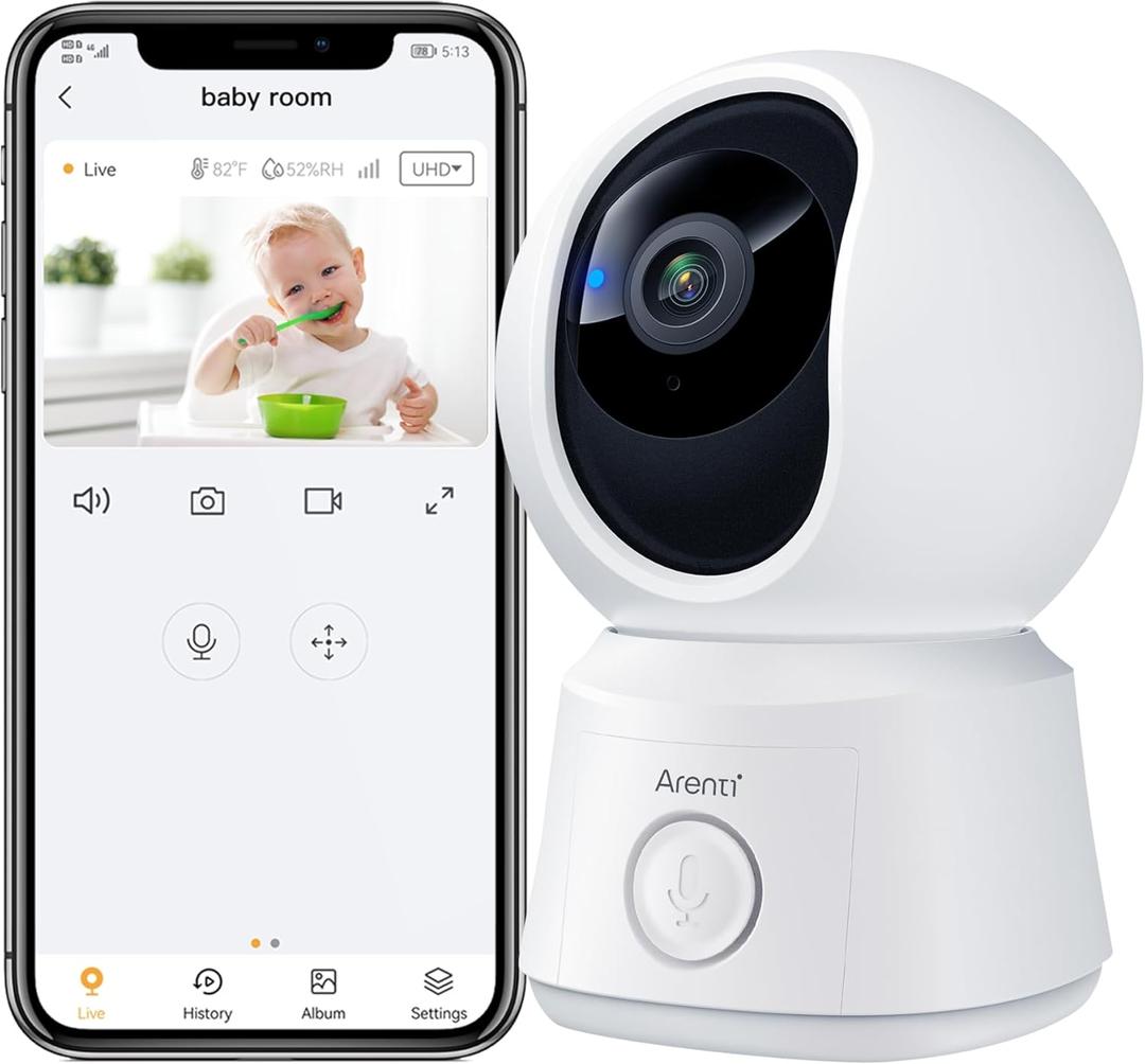 ARENTI B2, 360 View Baby Camera for Pet/Nanny, 2.4g WiFi Only, Temperature Sensor, Sound & Motion Detection, 2 Way Audio, Night Vision, Works Screen2-No Light