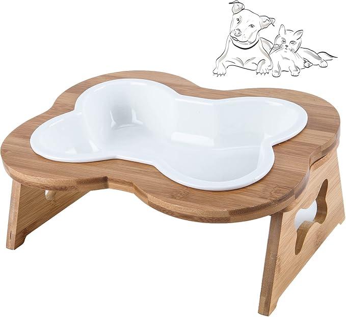 Elevated Ceramic Dog Bowl with Stand - Cute Raised Tilted Anti Vomiting Cat Dish - Personalized Pet Feeder for Food and Water - Heavy Weighted No Tip Over - Sized for Small / Medium Dog and Large Cat