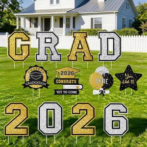 15 PCS Graduation Yard Signs Class of 2026 Decorations, 2026 Graduation Decorations - Large 4FT Tall Congrats Grad Lawn Sign Set with H-Stake & Fiberglass Rods, Waterproof Outdoor & Indoor Graduation Party Decor, Black and Gold