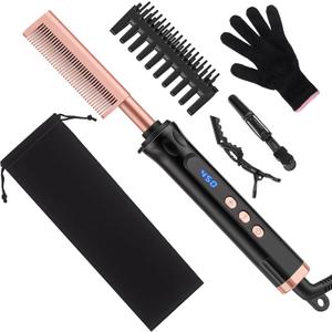 Hot Comb for Lace Front Wigs, Ceramic Electric Straightening Combs with 14 Temperature Settings & Auto Shut Off, Dual Voltage Travel Pressing Comb Set for Black Women Hair