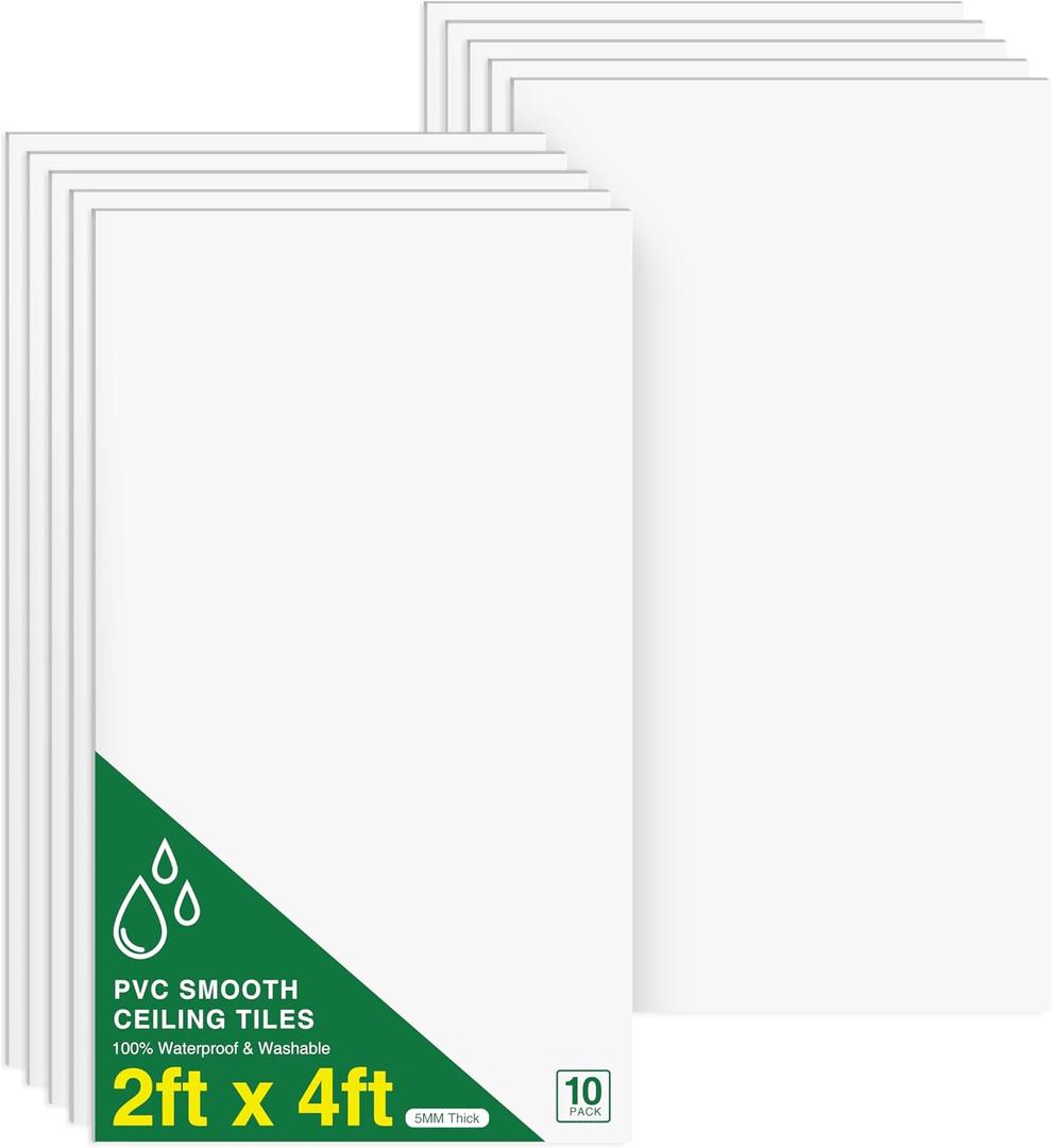 Smooth Drop Ceiling Tiles 2ft x 4ft for T-Bar Ceiling Systems – PVC Ceiling Tiles with No Sag, Waterproof & Fire-Rated – Easy Drop-in Replacement, White, 10-Pack (Covers 80 Sq. Ft)