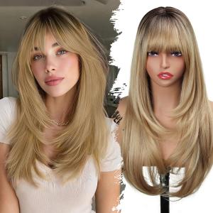 Blonde Wig with Bangs for Women, Long Ombre Blonde 4x4 Realistic Scalp Layered Wigs Free Parting Synthetic Heat-Resistant Hair for Daily and Party Use Begineer-Friendly (26 Inch)