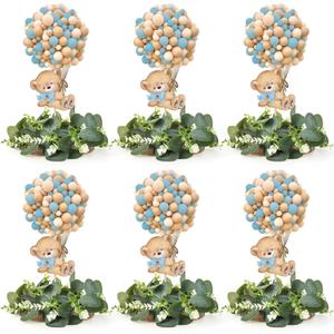 6 Set Baby Shower Bear Table Centerpieces Decortion Blue Bear with Eucalyptus Wreath Wood Slices Welcome Baby Table Toppers for Gender Reveal It's A Boy Party Favors