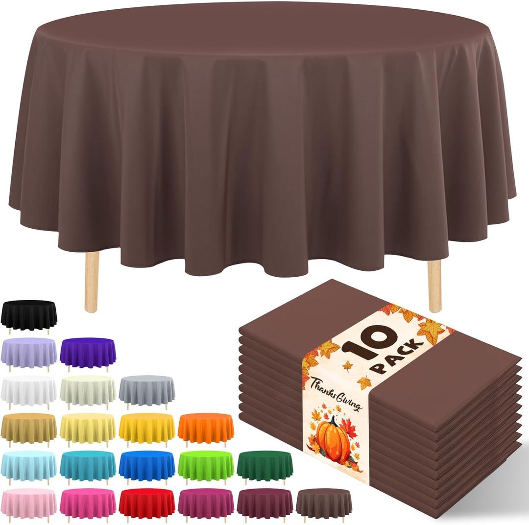 10 Pack Premium Disposable Plastic Tablecloth 84" Round Table Cover for Birthdays Weddings Christmas Anniversary Buffet Table (Brown)