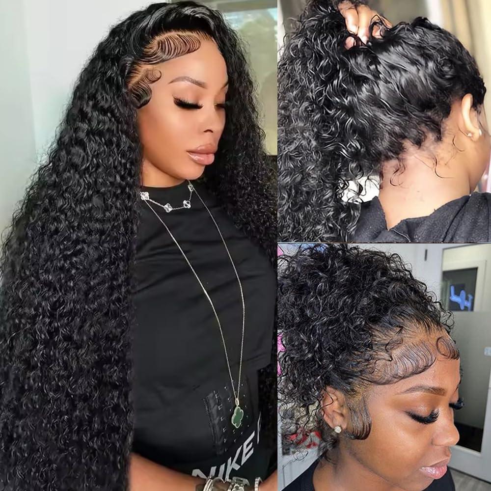 34 Inch 360 Lace Front Wigs Human Hair Curly Wig Hidden Strap Deep Wave Lace Front Wigs Human Hair HD Full Lace Frontal Wig Pre Plucked with Drawstring 180% Density Deep Wave Wig Human Hair for Women