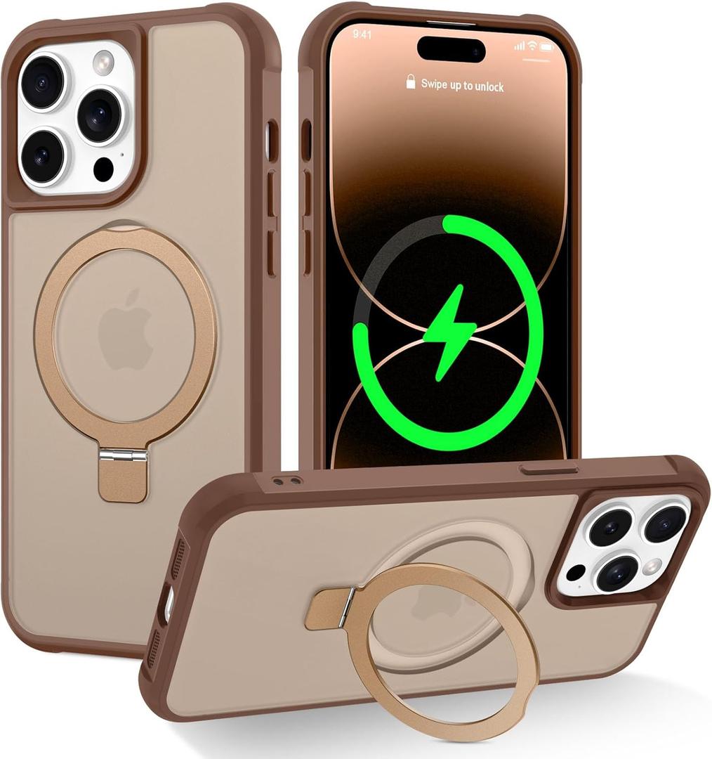 CHAOFEnG Magnetic Compatible with iPhone 14 Pro Case with Stand [Military Grade Drop Tested][Compatible with Magnet] Ring Translucent Slim Hard Back Soft Edge, Desert Gold