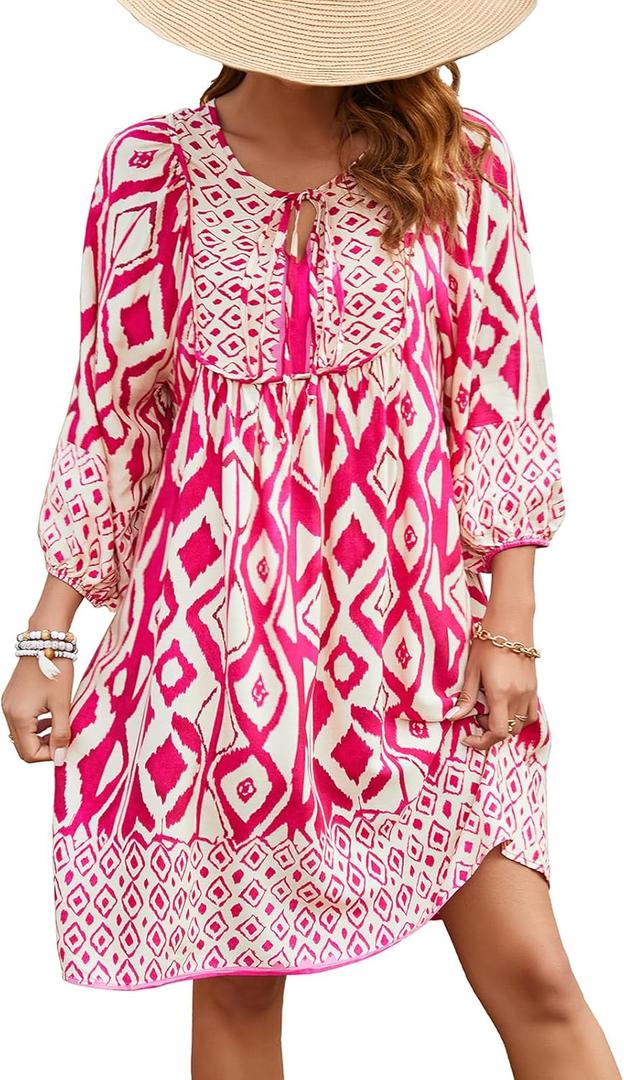 Qearal Women's Casual V Neck 3/4 Sleeve Boho Floral Printed Loose Short Flowy Summer Beach Vacation Dress (X-Large, Hot Pink)