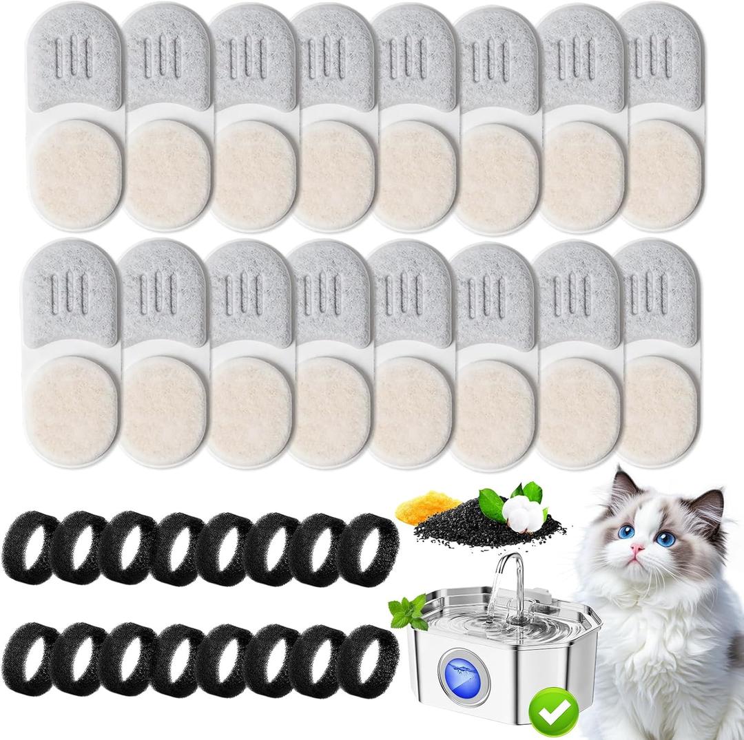 16+16 Pack Cat Water Fountain Filters Replacement Set Compatible with APAUK Stainless Steel 108oz/3.2L Pet Water Dispenser, Includes 16 Filters & 16 Sponges for 6-Month Supply