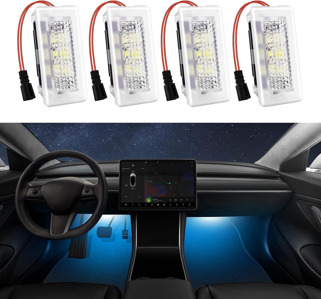 4 Pcs Interior LED Lights Bulbs Kit Compatible with Tesla Model 3, Y, X, S, Super Bright Replacement Light Bulbs for Footwell, Door Puddle, Trunk, Frunk - for Tesla Accessories (Blue)