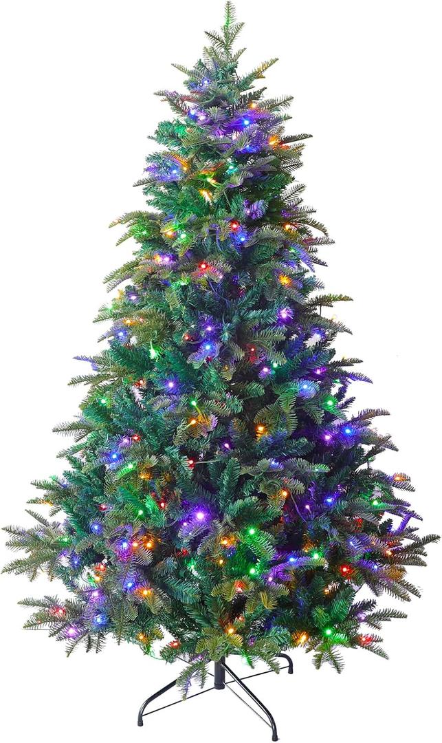 Pre-lit Artificial Christmas Tree 6Ft, Luxury Full Xmas Tree with 300 LED Lights, 1000 PE&PVC Branch Tips, Switchable Warm White or Colorful with Remote Control, 9 Modes, Metal Stand (Green)