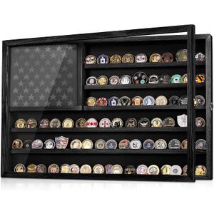 Challenge Coin Display Case, Lockable Military Coin Holder Cabinet with Removable Star Board & HD Tempered Glass Door (27.6"L x 18.1"W), Solid Wood Wall Mount Coins Collection Rack Stand (black)
