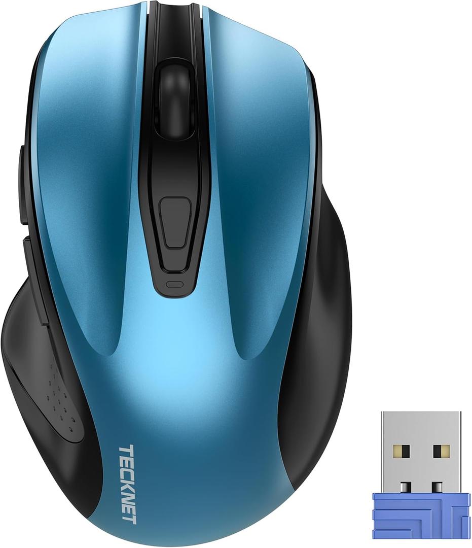TECKNET Wireless Mouse, 2.4G Ergonomic Optical Mouse, Computer Mouse for Laptop, PC, Computer, Chromebook, Notebook, 6 Buttons, 24 Months Battery Life, 2600 DPI, 5 Adjustment Levels - Azure