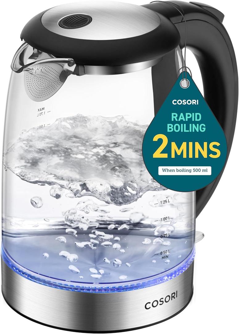 Cosori Electric Kettle, No Plastic Filter & Spout, Stainless Steel Inner Lid, Tea Kettle & Hot Water Boiler For Coffee & Tea, Water Heater & Teapot, Automatic Shut Off, Black, 1.7L/1500W (1.8 Quarts)