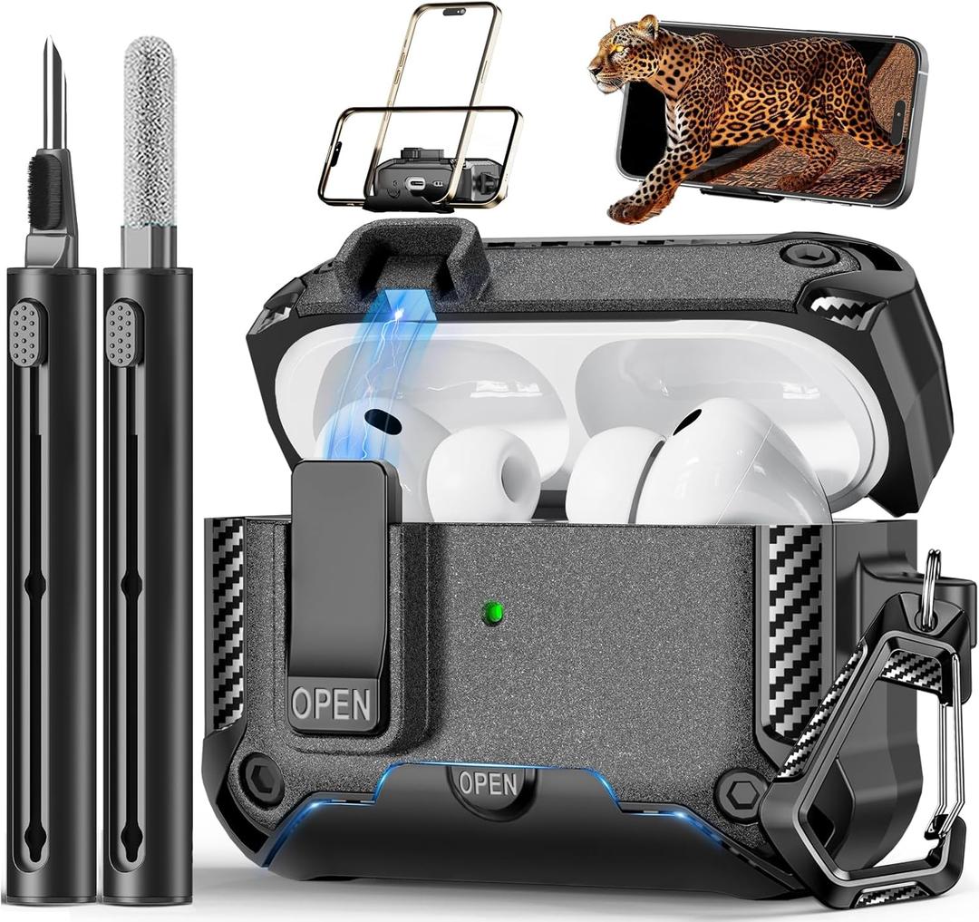 for AirPods Pro 3 Case with Phone Stand,(Automatic Snap Switch Lock) Carbon Fiber Texture Design Cover with Cleaner Kit -Grey