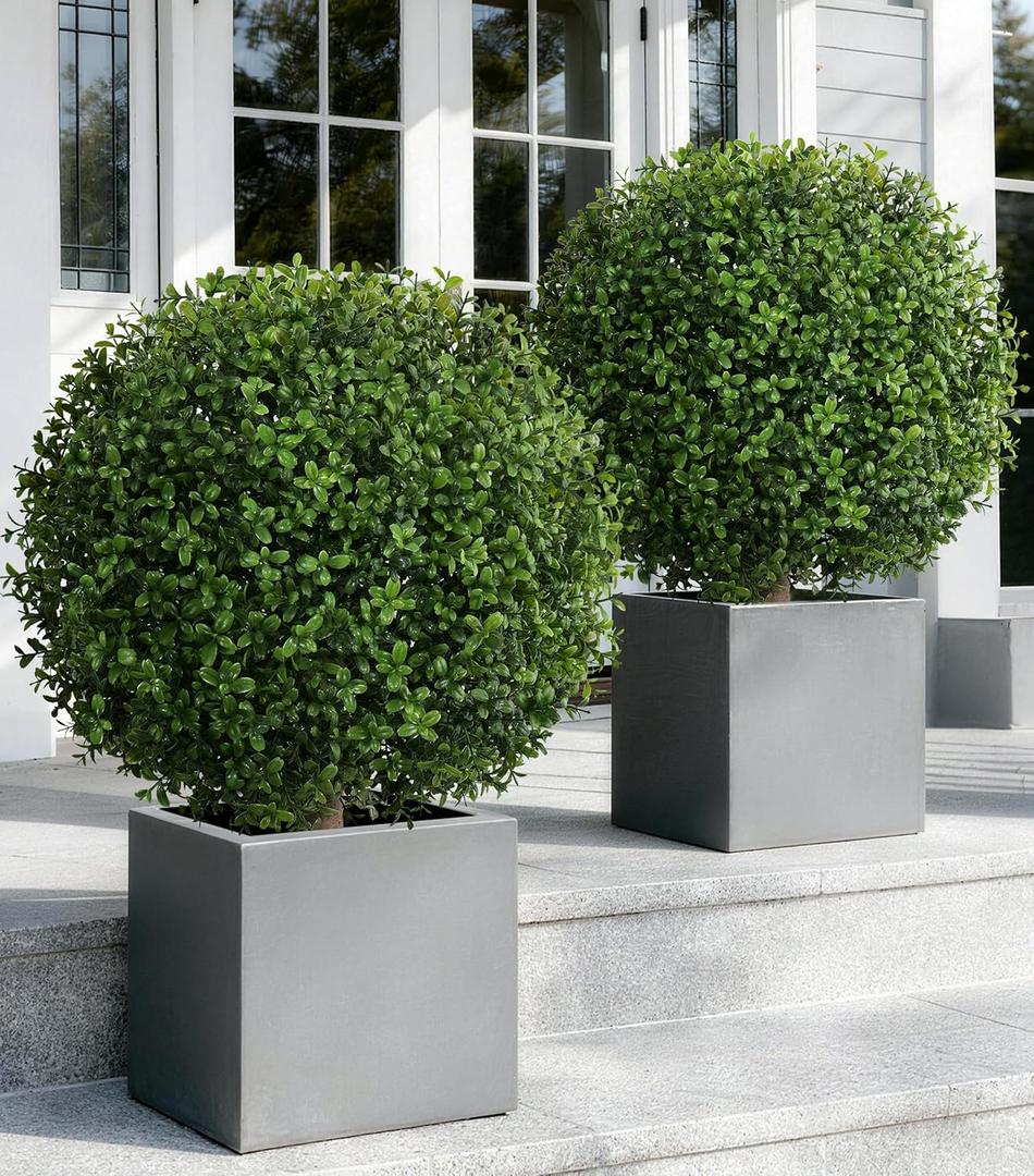 Artificial Boxwood Topiary Ball Trees for Outdoor Set of 2 Fake Plant Bushes with Ground Spike UV Resistant Faux Shrubs for Garden Front Porch, Green