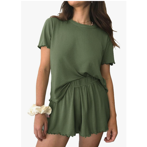 Ekouaer Womens Pajamas 2 Piece Ribbed Knit Pjs Short Sleeve Sleepwear Set Summer Soft Pajamas Set Casual Lounge Sets XL, Army Green