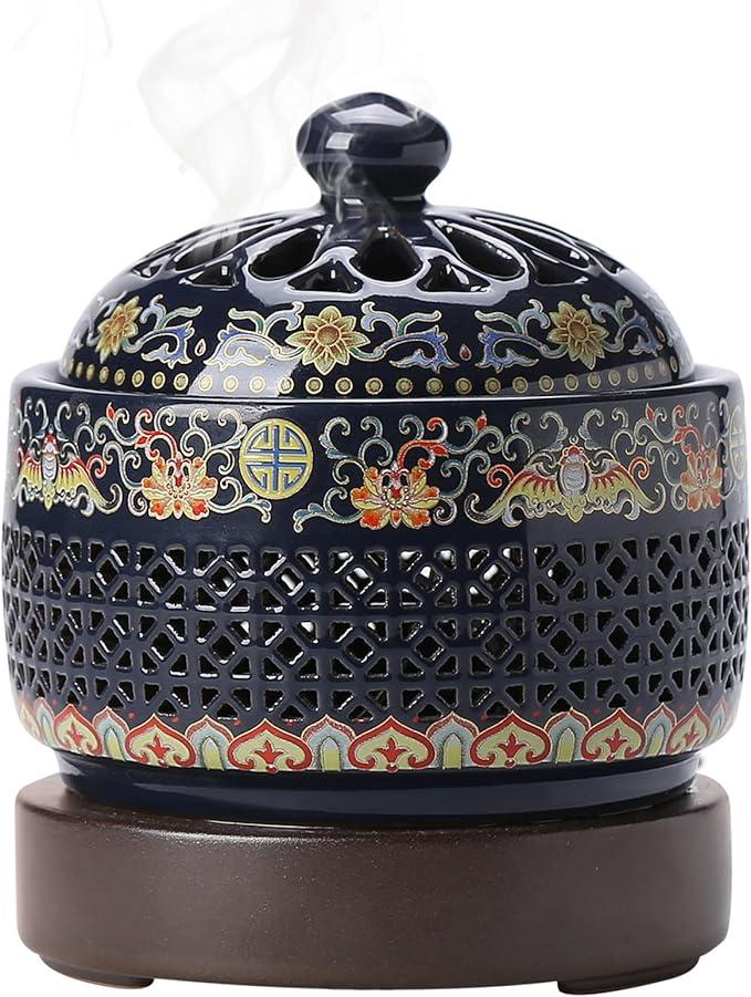 Ceramic Holder Electric Incense Burner Enamel Builtin LED Lights Simulate Flames, Classical, Elegant and Highend Hollow Design