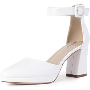IDIFU IN3 Womens Closed Toe Heels Chunky Block Platform Pumps Pointed Toe Ankle Strap Dress Shoes for Women Comfortable Wedding Short Low Pumps Shoes, Size 7
