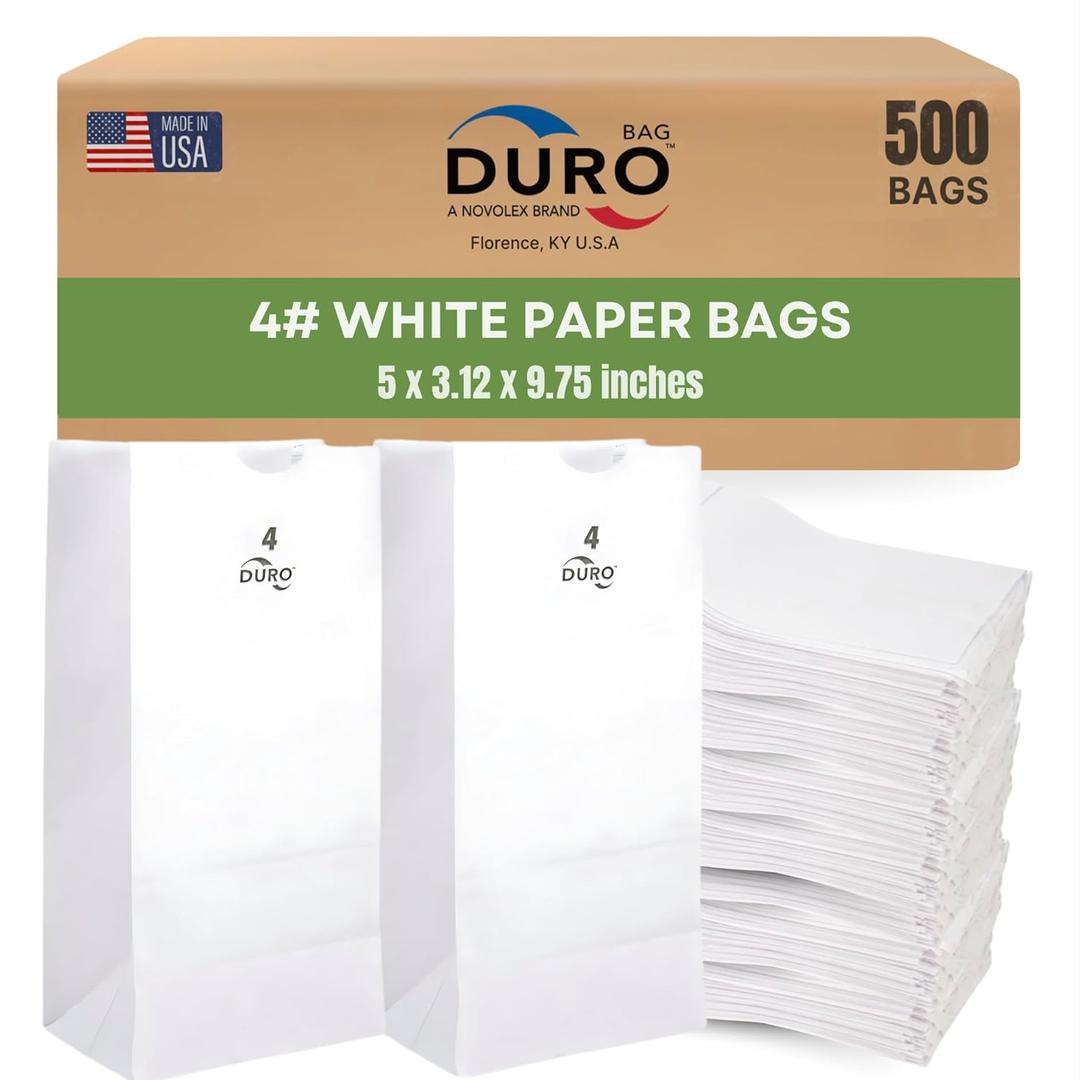 Duro 4# White Paper Bags 500-Count, White Sandwich Paper Bags, Candy, Snacks, Treats, Popcorn Bags & Bulk Disposable Lunch Sacks - 5.00 x3.12 x 9.75 Inches