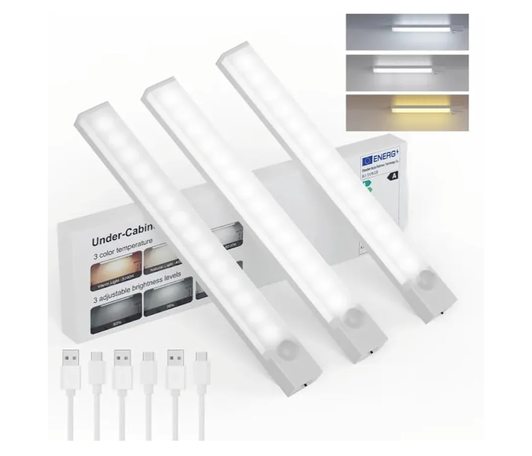 Under Cabinet Lighting 8 Inches Rechargeable Motion Sensor Light Indoor, 3 Color Dimmable Closet Light Battery Operated, USB Stick on LED Magnetic Under Counter Lights for Kitchen Stair, 3 Packs
