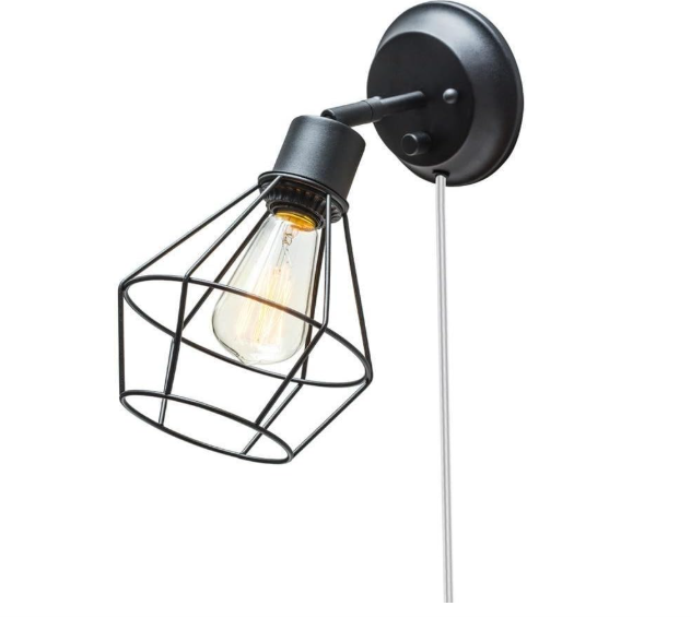 GLOBE Electric 65291 1-Light Plug-in or Hardwire Industrial Cage Wall Sconce, Matte Black Finish, On/Off Rotary Switch, 6ft Clear Cord, Wall Lights for Bedroom, Bulb Not Included tdoor Plug-In Wall Sconce