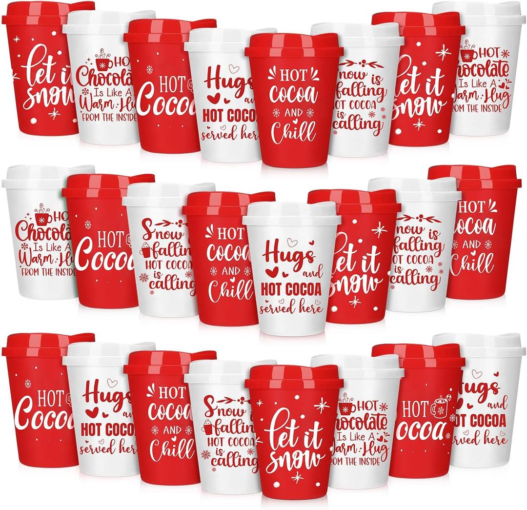 Tioncy Hot Cocoa Chocolate Bar Supplies Winter Reusable Coffee Cups Gift 16 oz with Lids Plastic Cups Travel Coffee Mug Thank You Gifts for Winter(24 Pcs, Hot Chocolate, 3.544.722.17 Inches)