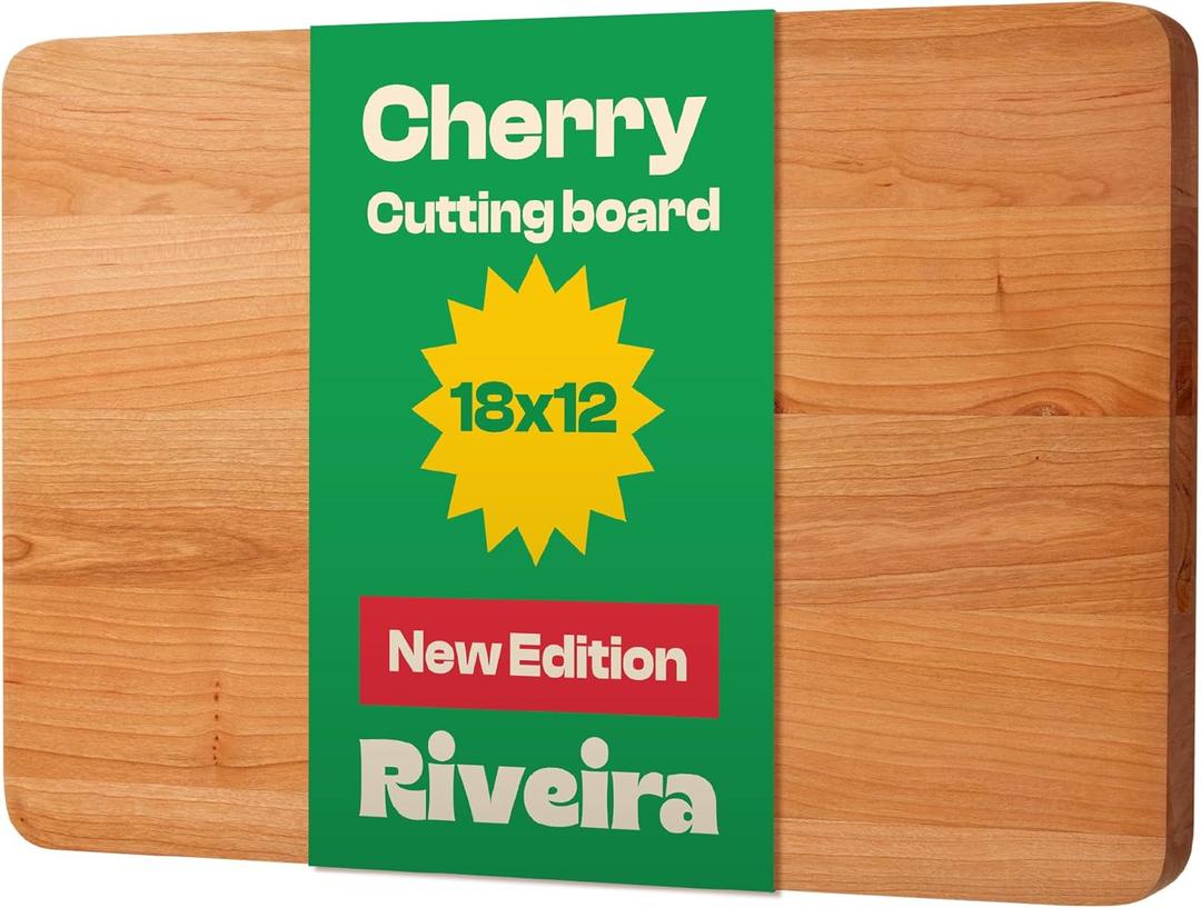 Riveira Cherry Wood Cutting Board  Gourmet Black Cherry Grandeur: 18 x 12 Wooden Cutting Board  Wooden Cutting Boards For Kitchen Decorative  Innovative Juice Grooves Cherry Wooden Chopping Board