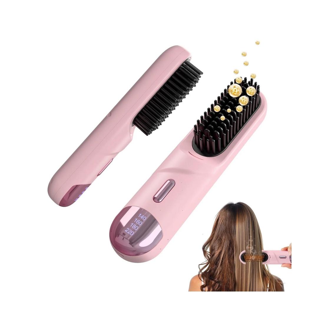 Go Brush Pro 2026 Hair Straightener Brush 300 Million Negative Ionic Portable Hair Straightener Comb for Women with 4 Temps Fast Heating MCH Ceramic Coating Smooth Frizz Hair Light Pink