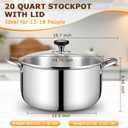 Tri-Ply Stainless Steel Stock Pot, 20 Quart Heavy Duty Induction Cooking Pot with Visible Lid for Pasta, Soup, Spaghetti, Sturdy & Double Handle, Dishwasher Safe