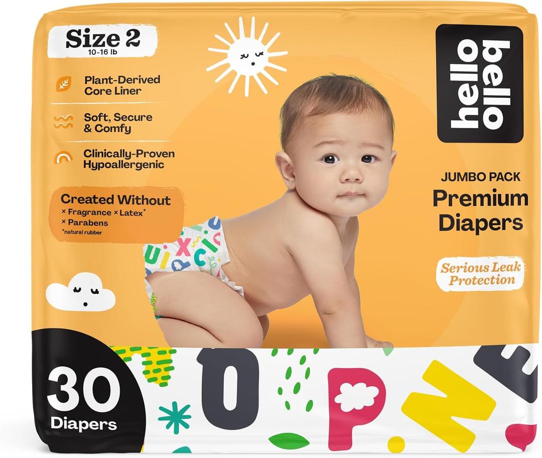 Hello Bello Premium Baby Diapers Size 2, 30 Count of Disposable, Extra-Absorbent, Hypoallergenic Baby Diapers with Snug and Comfort Fit, Alphabet Soup