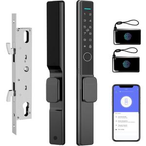 Sliding Glass Door Lock 2085 Ultra-Slim eLinkSmart Waterproof Keyless Mortise Smart Lock with Hook for Door Thickness 22~110mm (0.87"-4.33"), Aluminum Keypad Fingerprint Patio Door Tuya App