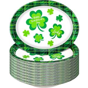 Hushee 100 Count St. Patrick's Day Oval Green Paper Plates Platter Bulk 11 x 9 Inches Party Plate Disposable Dinner Green Dessert Plates Irish Shamrock St. Patrick's Day Party Supplies Table Holiday