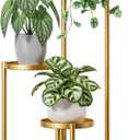 3 Tiered Plant Stand Indoor for Multiple Large Planter, Tall Heavy Duty Adjustable Folding Rack with Rustproof 7.9 Inch Wide Tray, Gold Plant Shelf for Corner Living Room - GoldDisk