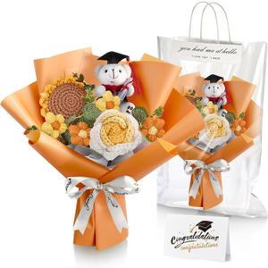 Giegxin 2025 Graduation Bear Flower Bouquet Set Includes Knitted Flower Bouquet Greeting Card Gift Bag for Graduation Flowers Party Favors Supplies(Orange)
