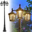 3-Head Solar Outdoor Street Light with Dusk to Dawn Sensor, Aluminum Exterior Pole Light with Water Ripple Glass, Classic Waterproof Black Solar Lamp Post Lights for Backyard, Garden, Driveway, Size: XX-Large