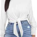 LovelyWholesale Womens Off The Shoulder Tops Tie Front Cropped Sexy Long Sleeve Shirts (Small, White)