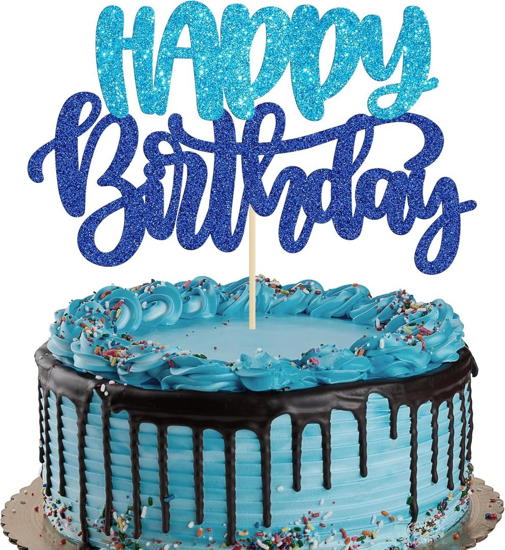 Gyufise 1Pcs Happy Birthday Cake Topper Glitter Cake Pick for Celebrating Anniversary Theme Party Cake Decorations Supplies Blue