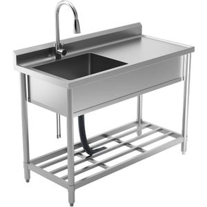 Stainless Steel Utility Sink with Retractable Hot & Cold Faucet, 47.2" Free Standing Single Bowl Sink with Drainboard for Kitchen, Laundry Room, Garage, Farmhouse (Silver)