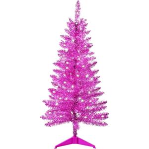 4ft Artificial Full Pink Christmas Tree with Separate Lights, Not Pre-lit Mini Pink Tinsel Pine Christmas Tree, 50 Lights, Small Xmas Tree for Home, Office, Party Decoration, Indoor