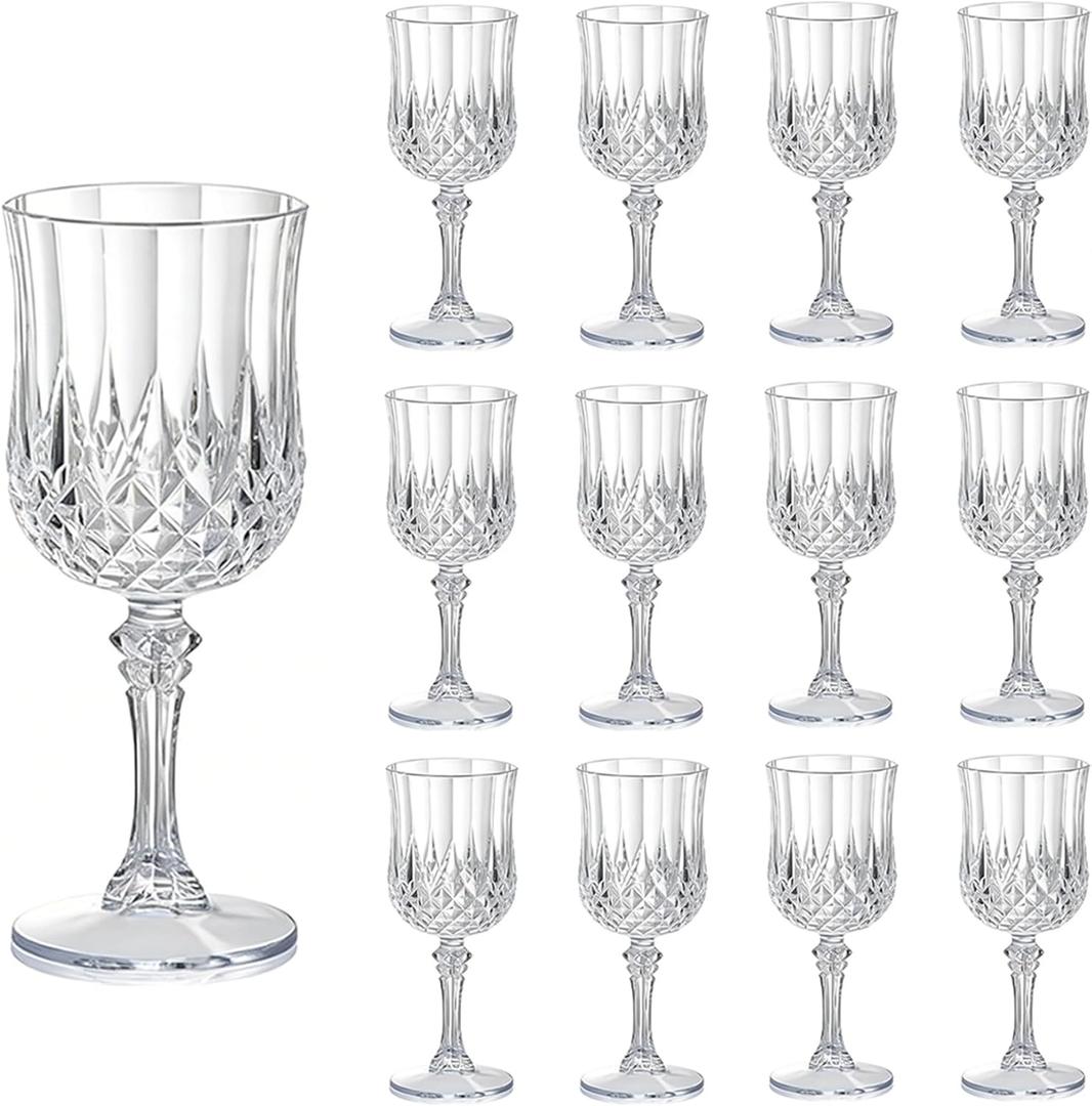 CHLJAR 7oz Plastic Vintage Drinking Glasses Wine Glasses Vintage Champagne Flutes Unbreakable Wedding Glassware Crystal Water Goblets Reusable Drinkware (Clear, 11 PCS)