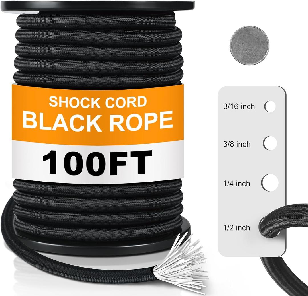 1/2 Inch 100 ft Bungee Shock Cord Rope Heavy Duty Kayak Bungee Elastic Stretch Shock Cord Black Polyester Stretch Rope for DIY Projects Kayak Strap Tie Downs Camping Tent Crafting